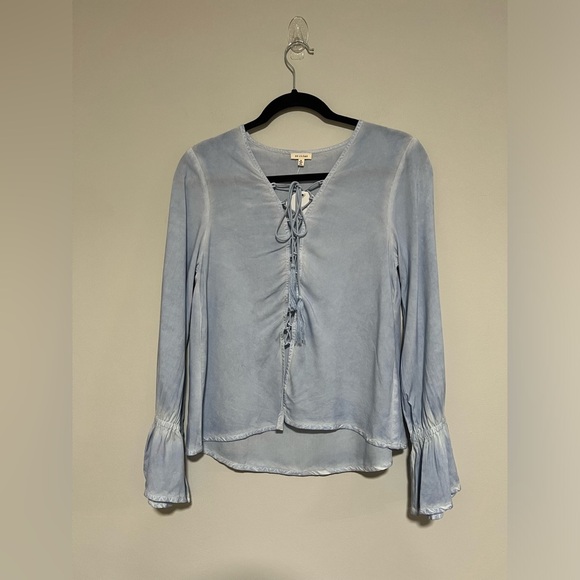 En Crème Blue Corset Peasant Boho Top Size Small Fairy  Whimsy Bell Sleeve - Picture 1 of 10